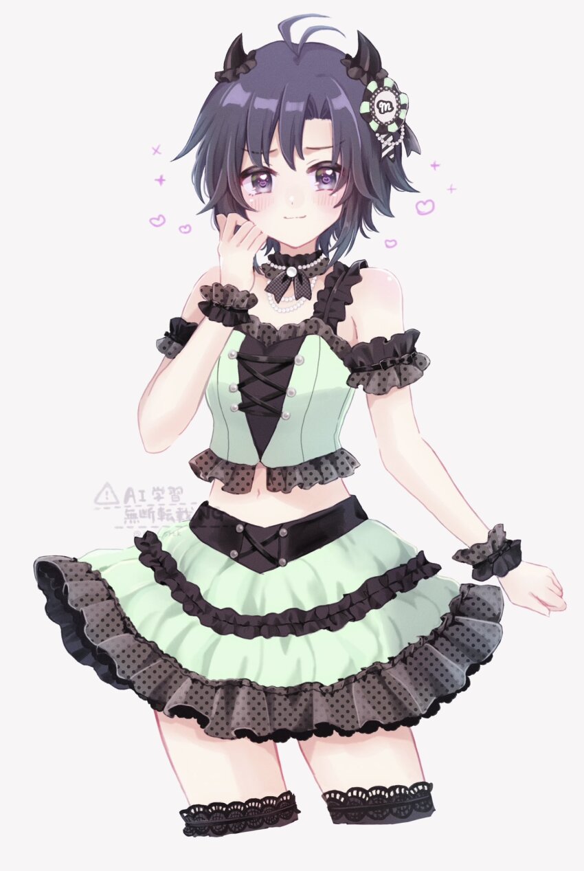 1girl antenna_hair arm_garter black_hair closed_mouth cowboy_shot crop_top demon_horns fake_horns frilled_skirt frilled_straps frilled_wrist_cuffs frills green_skirt hand_up heart heart-shaped_pupils highres horns idolmaster idolmaster_(classic) idolmaster_million_live! idolmaster_million_live!_theater_days kikuchi_makoto looking_at_viewer midriff navel purple_eyes secret_lip_(idolmaster) shirako_(srk_srtk) short_hair simple_background skirt sleeveless smile solo standing symbol-shaped_pupils watermark white_background wrist_cuffs