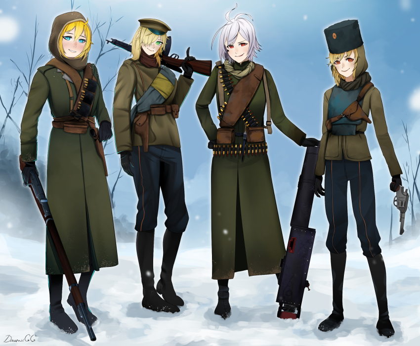 4girls alternate_costume ammunition_belt ammunition_pouch artist_name assault_rifle bandolier battle_rifle belt black_footwear black_gloves blonde_hair blue_eyes blue_pants blush body_armor bolt_action boots brown_jacket brown_scarf bullet closed_mouth coat commentary darkpulsegg english_commentary fedorov_(girls&#039;_frontline) fedorov_avtomat full_body fur_hat gas-seal_revolver girls&#039;_frontline gloves green_coat green_eyes green_headwear green_scarf gun hair_between_eyes hair_over_one_eye handgun hat highres holding holding_gun holding_weapon holstered hood hood_up jacket lips long_hair looking_at_viewer machine_gun maxim_gun medium_hair military military_hat military_uniform mosin-nagant mosin-nagant_(girls&#039;_frontline) multiple_girls nagant_m1895 nagant_revolver_(girls&#039;_frontline) open_mouth over_shoulder pants papakha pm1910_(girls&#039;_frontline) pouch red_eyes revolver rifle russian_empire scarf shell_casing smile snow snowflakes standing weapon weapon_over_shoulder white_hair winter winter_clothes winter_coat winter_uniform