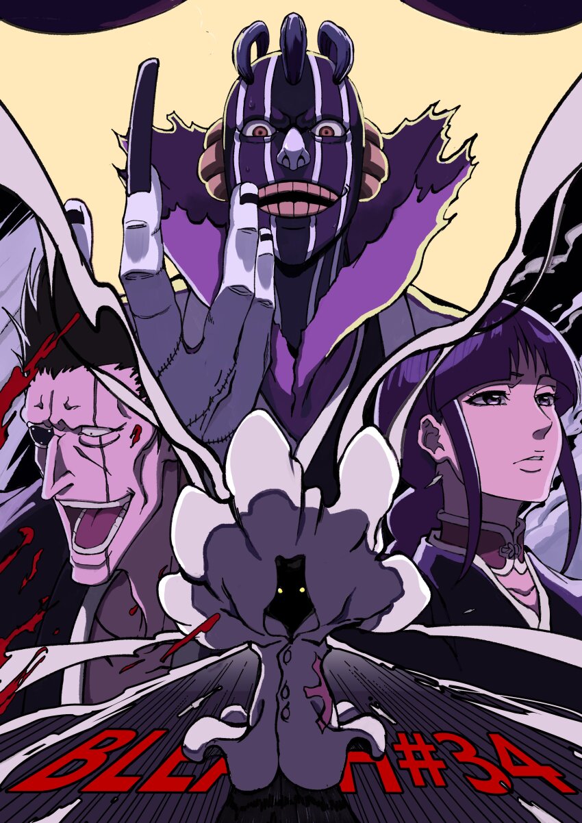 1girl 3boys black_hair bleach bleach:_sennen_kessen-hen braid braided_ponytail eyepatch kurotsuchi_mayuri kurotsuchi_nemu long_hair multiple_boys pernida_parnkgjas zaraki_kenpachi