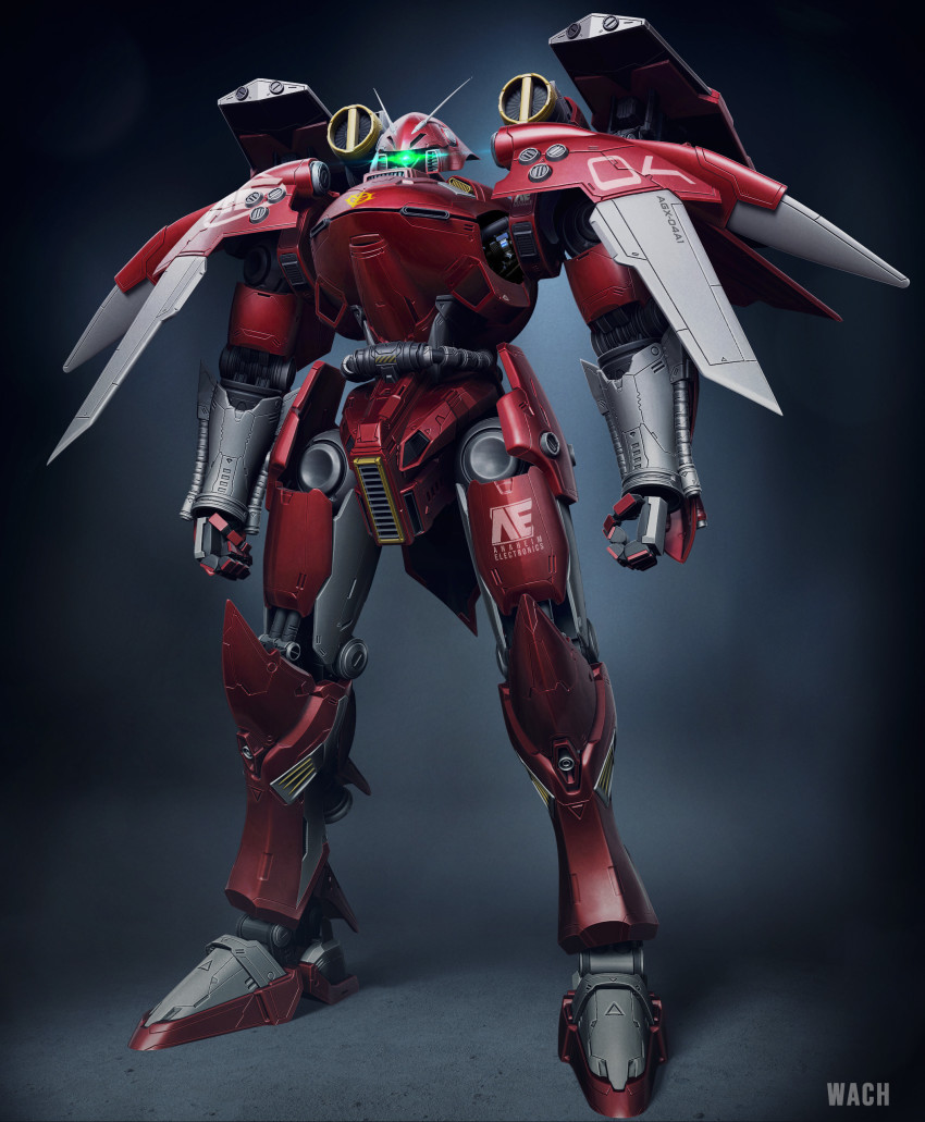 3d absurdres anaheim_electronics commentary english_commentary gerbera_tera_kai gerbera_tetra glowing glowing_eye green_eyes gundam gundam_gihren_no_yabou highres machinery mecha mecha_focus mobile_suit one-eyed original realistic redesign robot roundel science_fiction signature solo wacht zbrush_(medium) zeon