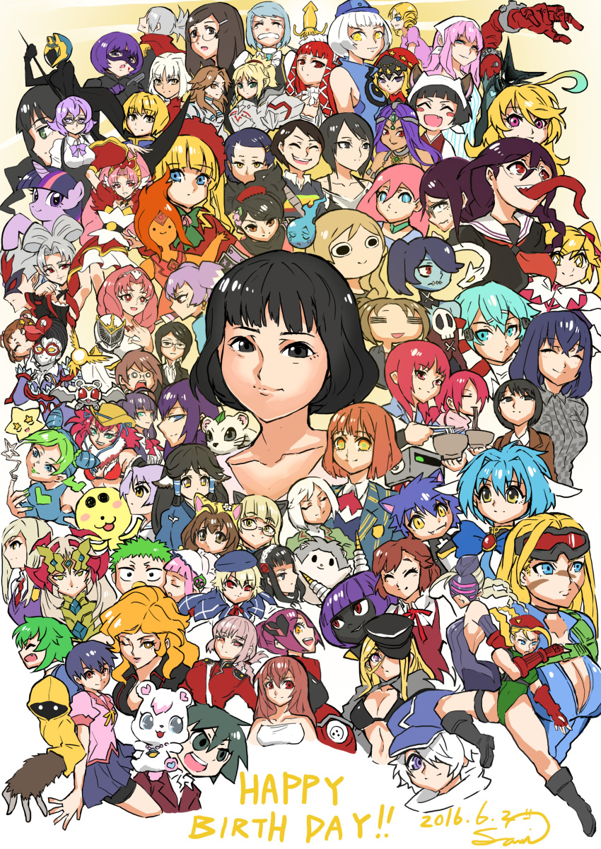 6+girls absurdres ace_attorney adventure_time animal_ears annotation_request armor aya_(oneechanbara) bakemonogatari beelzebub_(manga) beret black_eyes black_footwear black_hair blonde_hair blue_eyes blue_hair boots bowl brown_eyes brown_hair cammy_white catherine_(atlus_character) catherine_(game) celty_sturluson character_request closed_eyes collared_shirt copyright_request cowboy_hat cure_scarlet danganronpa_(series) di_gi_charat durarara!! elizabeth_(persona) english_text final_fantasy final_fantasy_type-0 flame_princess forehead_jewel fukawa_toko genocider_shou glasses go!_princess_precure green_hair grey_eyes grey_hair gun hair_tubes handgun happy_birthday hat helmet highres hit-girl holding holding_gun holding_weapon jojo_no_kimyou_na_bouken kamen_rider_femme kanbaru_suruga kivala kuujou_jolyne light_blue_hair light_brown_hair mint_blancmanche monogatari_(series) motorcycle_helmet multiple_girls my_little_pony my_little_pony:_friendship_is_magic odin_sphere one_eye_closed oneechanbara open_mouth persona pink_hair precure puchiko purple_eyes purple_hair red_eyes red_hat rozen_maiden samidare_satsuki sawashiro_miyuki school_uniform shinku shirt sice_(fft-0) sinon skirt skullgirls smile squid squigly_(skullgirls) street_fighter sword_art_online tegami_bachi tongue tongue_out top_wo_nerae!_(series) top_wo_nerae_2! twilight_sparkle velvet_(odin_sphere) voice_actor_connection weapon white_hair yellow_eyes yoshino_chidori