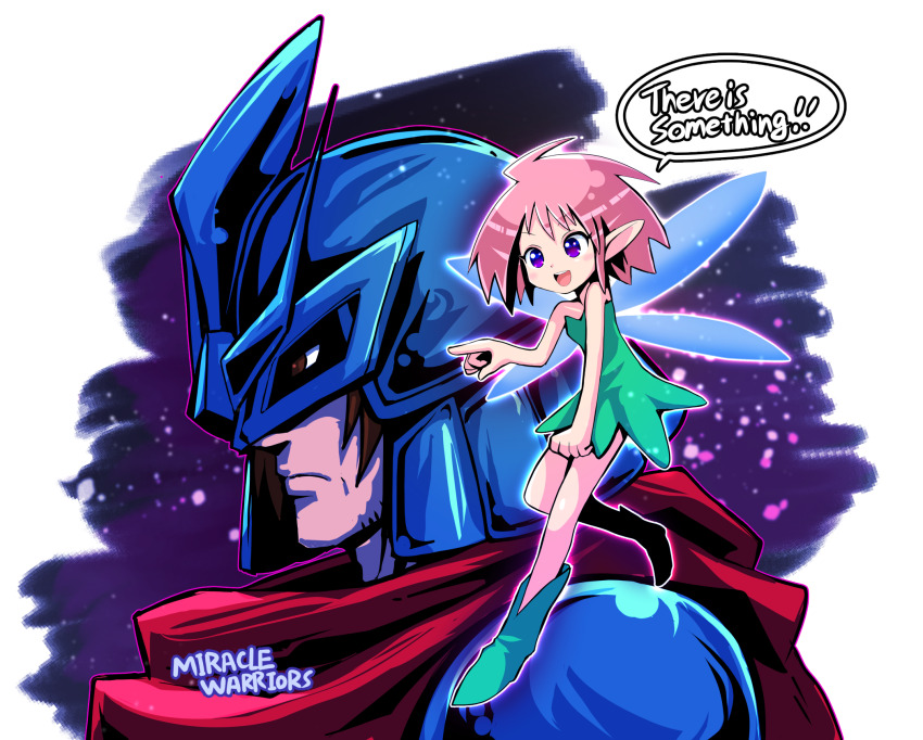 1boy 1girl argus_(haja_no_fuuin) armor bare_shoulders blue_armor blue_helmet brown_eyes brown_hair closed_mouth commentary_request copyright_name dress english_text fairy fairy_wings green_dress green_shoes haja_no_fuuin helmet highres ica_the_fairy pink_hair pointing pointing_forward purple_eyes red_scarf sakurajyousui_nami scarf shoes speech_bubble strapless strapless_dress wings