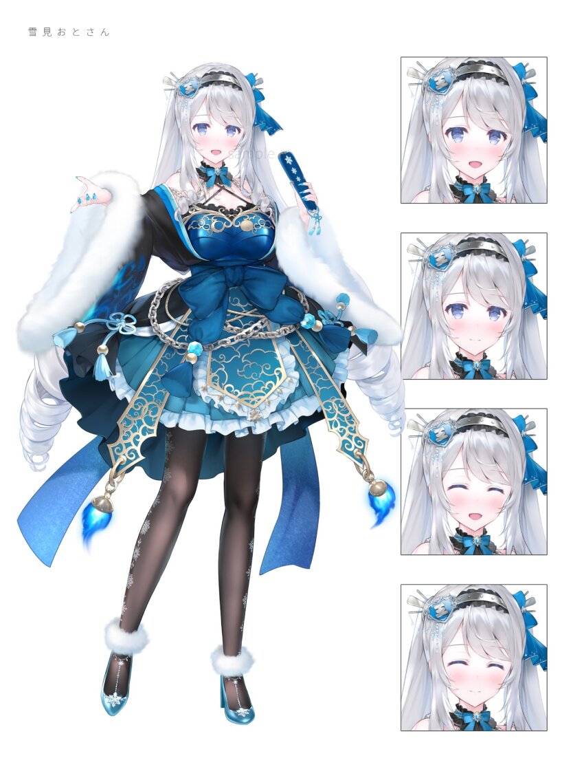 1girl :d ^_^ black_pantyhose blue_bow blue_bowtie blue_dress blue_eyes blue_footwear blue_nails bow bowtie breasts character_name closed_eyes closed_mouth dress drill_hair folded_fan folding_fan frilled_dress frilled_hairband frills full_body fur-trimmed_sleeves fur_anklet fur_trim grey_hairband hair_bun hair_ornament hairband hand_fan heart heart_hair_ornament high_heels highres holding holding_fan indie_virtual_youtuber large_breasts long_hair looking_at_viewer multiple_expressions off_shoulder official_art open_mouth pantyhose print_pantyhose sample_watermark short_dress smile snowflake_print solo tachi-e twin_drills twintails usagiplanet7 virtual_youtuber watermark white_background white_hair wide_sleeves yukimi_oto