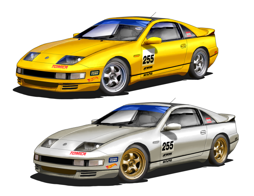 asterozoa car hot_wheels logo motor_vehicle nissan nissan_300zx nissan_300zx_(z32) nissan_fairlady_z no_humans original shadow sports_car variations vehicle_focus white_background