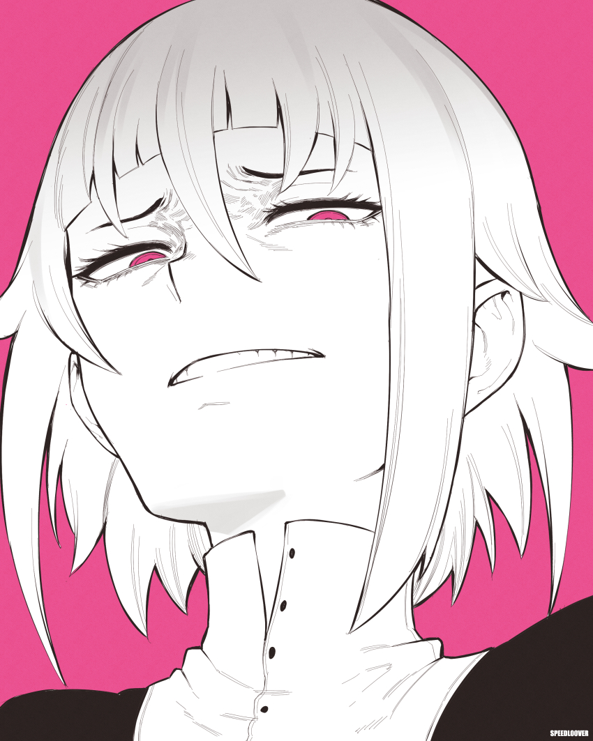 1girl absurdres close-up crona_(soul_eater) greyscale_with_colored_background hair_between_eyes highres parted_lips pink_background short_hair simple_background solo soul_eater speedl00ver teeth