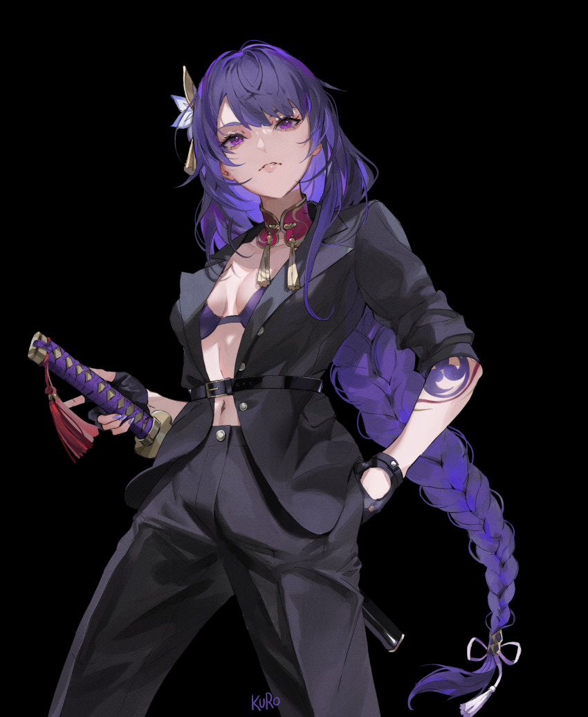 1girl absurdres alternate_costume artist_name black_background black_gloves black_jacket black_pants bra braid cowboy_shot fingerless_gloves fingernails genshin_impact gloves hair_between_eyes hair_ornament hand_in_pocket highres holding holding_sword holding_weapon jacket kamui_(kurohshiro1) long_hair looking_ahead mole mole_under_eye nail_polish navel open_clothes open_jacket pants parted_lips purple_bra purple_eyes purple_hair raiden_shogun sidelocks simple_background solo sword underwear weapon
