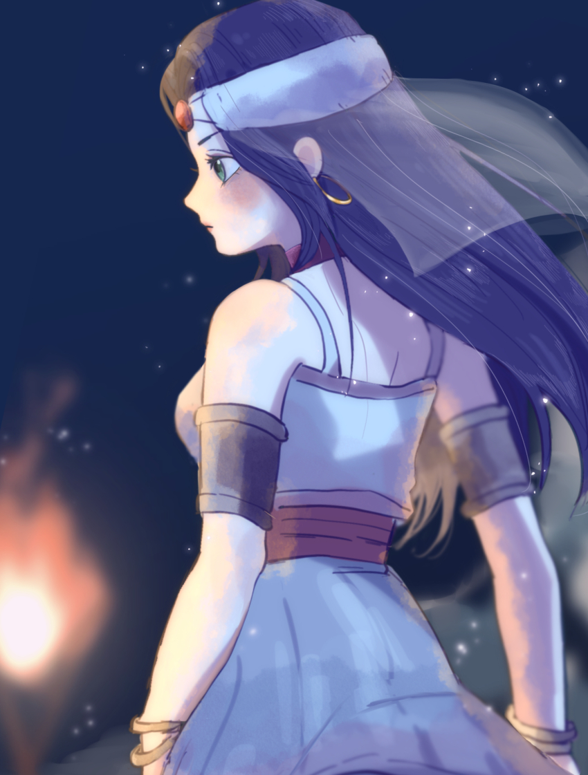 1girl armlet bracelet brown_hair choker commentary_request dragon_quest dragon_quest_vii dress earrings floating_clothes floating_hair from_behind gem gold_earrings green_eyes highres hoop_earrings jewelry karumoimoi layla_(dq7) long_hair night night_sky profile red_choker red_gemstone red_sash sash sky solo upper_body veil white_dress
