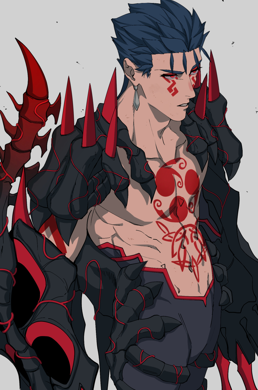 1boy blue_hair chest_tattoo commentary_request cu_chulainn_(fate) cu_chulainn_alter_(curruid_coinchenn)_(fate) cu_chulainn_alter_(fate) earrings exoskeleton eyeliner facial_tattoo fate/grand_order fate_(series) highres jewelry makeup male_focus pectorals profile red_eyeliner red_eyes shoulder_spikes solo spiked_tail spikes stomach_tattoo tail tattoo upper_body yanoooh