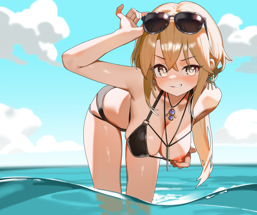 1girl absurdres bent_over bikini black_bikini blonde_hair blue_sky breasts day eyewear_on_head grin highres large_breasts long_hair looking_at_viewer nipples one_breast_out original sky smile solo sunglasses swimsuit wading water yunjuice