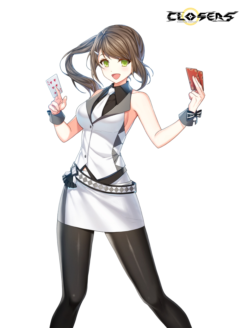 1girl :d alternate_hair_color bare_arms bare_shoulders belt between_fingers black_bow black_pantyhose black_shirt bow breasts brown_hair card closers collared_shirt copyright_name croupier dress_shirt feet_out_of_frame floating_hair green_eyes grey_wrist_cuffs hair_ornament hairclip hands_up highres holding holding_card impossible_clothes impossible_shirt impossible_vest legs_apart logo long_hair looking_at_viewer medium_breasts midriff_peek miniskirt necktie official_art open_mouth pantyhose pencil_skirt playing_card ponytail shirt sideboob sidelocks six_of_hearts skirt sleeveless sleeveless_shirt smile solo soma_(closers) standing swept_bangs vest waistcoat white_background white_belt white_necktie white_skirt white_vest wrist_bow wrist_cuffs