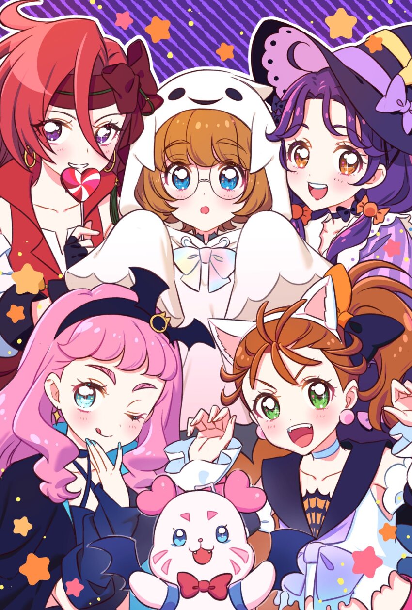5girls animal_ears black_headband blue_eyes blue_nails brown_eyes brown_hair bun_(jewd5385) candy candy_hair_ornament cat_ears earrings fake_animal_ears food food-themed_hair_ornament ghost_costume glasses hair_ornament halloween_costume hat headband heart heart-shaped_food heart-shaped_lollipop highres hoop_earrings ichinose_minori jewelry kururun_(precure) laura_la_mer lollipop long_hair low_twintails multiple_girls nail_polish natsuumi_manatsu one_eye_closed pink_hair precure purple_eyes purple_hair red_hair round_eyewear shaped_lollipop short_bangs short_hair suzumura_sango swept_bangs takizawa_asuka thick_eyebrows tropical-rouge!_precure twintails witch_hat