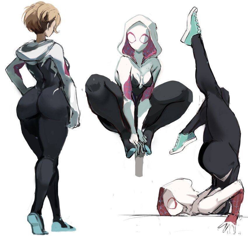 1girl ass black_bodysuit blonde_hair bodysuit breasts gwen_stacy highres hood hood_down hooded_bodysuit marvel mask medium_breasts multicolored_bodysuit print_bodysuit rakeemspoon short_hair simple_background skin_tight solo spider-gwen spider-man:_into_the_spider-verse spider-man_(series) spider-verse spider_web_print superhero_costume two-tone_bodysuit white_background white_bodysuit