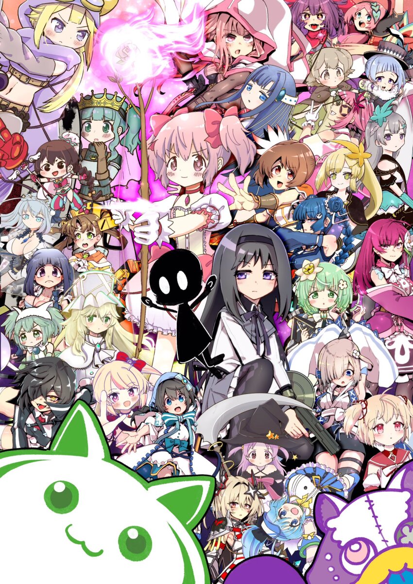 6+girls a-q_(madoka_magica) absolutely_everyone aino_mito akemi_homura akemi_homura_(magical_girl) ashley_taylor awane_kokoro ayano_rika black_hair blonde_hair blue_hair bow_(weapon) brown_hair chiaki_riko chitose_yuma chun_meiyui commentary_request drawing_bow everyone eyepatch floating_clothes floating_hair full_body futaba_sana grey-haired_cat_girl_(kotatsu-mazoku) hanagehoge highres holding holding_bow_(weapon) holding_weapon ibuki_leila irina_kush kaname_madoka kaname_madoka_(magical_girl) kumi_seika kure_kirika long_hair magia_record:_mahou_shoujo_madoka_magica_gaiden magical_girl mahou_shoujo_madoka_magica mahou_shoujo_madoka_magica_(anime) mahou_shoujo_madoka_magica_magia_exedra mahou_shoujo_oriko_magica mao_himika midriff mikuni_oriko mikuri_ayame misono_karin mitsuki_felicia multiple_girls namae_(magia_exedra) nanami_yachiyo natsume_kako nighthawk_(madoka_magica) outstretched_hand pink_eyes pink_hair purple_eyes purple_hair sarasa_hanna shizumi_konoha short_hair tamaki_iroha tatsuki_asuka tokiwa_nanaka utsuho_natsuki weapon yui_tsuruno yusa_hazuki