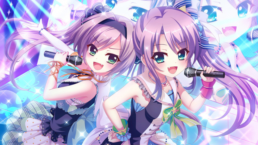 2girls :d aqua_eyes bead_bracelet bead_necklace beads blue_dress blue_ribbon blue_skirt blue_wrist_cuffs blush bow bracelet breasts brooch collarbone concert dot_nose dress duet elbow_gloves fang film_grain game_cg gloves green_bow green_eyes hair_ornament hair_ribbon hairband hand_on_own_hip high_ponytail holding holding_microphone idol idol_clothes izumi_tsubasu jewelry layered_skirt lens_flare long_hair looking_at_viewer microphone misaki_sango multiple_girls neck_ribbon necklace non-web_source official_art open_mouth orange_ribbon outstretched_arm plaid_clothes plaid_skirt polka_dot polka_dot_skirt ponytail purple_hair purple_hairband re:stage! ribbon sailor_collar screen single_elbow_glove single_wrist_cuff skirt sleeveless sleeveless_dress small_breasts smile sparkle stage stage_lights star_(symbol) star_brooch swept_bangs tile_floor tiles tsukisaka_sayu twintails white_gloves white_sailor_collar white_skirt wrist_cuffs wrist_ribbon