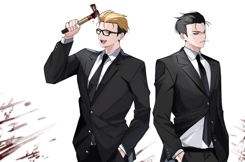 2boys :o absurdres black_necktie black_sclera black_suit blonde_hair blood bloody_weapon cigarette colored_sclera formal_clothes hair_slicked_back hammer hand_in_pocket highres holding holding_hammer kasuga_kaya kim_joon_goo long_sleeves lookism male_focus mouth_hold multicolored_hair multiple_boys necktie park_jong-geon short_hair standing suit two-tone_hair weapon white_background