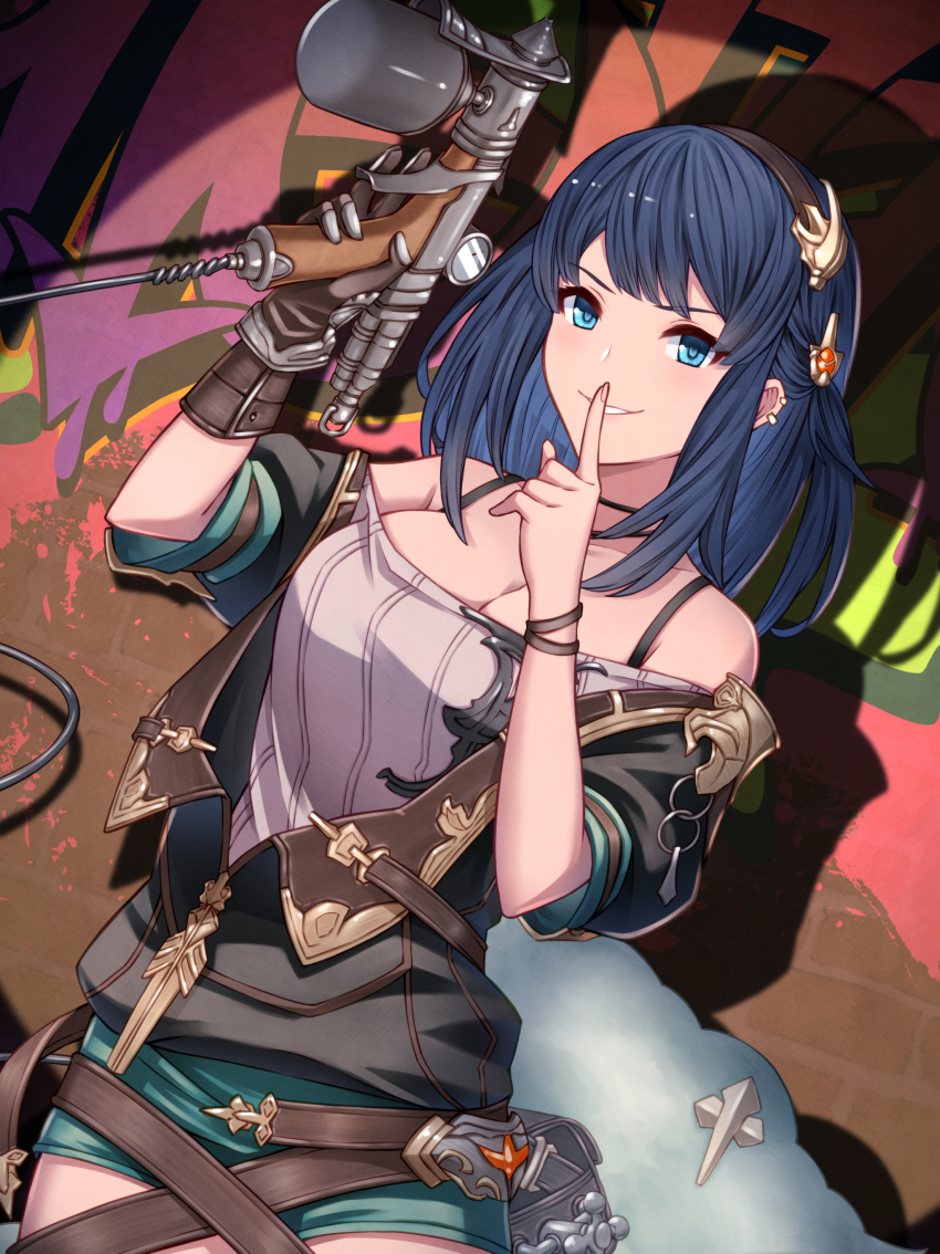 1girl absurdres black_hair blue_eyes breasts cleavage commentary_request ear_piercing finger_to_mouth gloves graffiti granblue_fantasy hairband highres illnott_(granblue_fantasy) large_breasts paint_gun piercing ribbed_shirt shirt shorts shushing single_glove umiboozu_(uminoyoukai)
