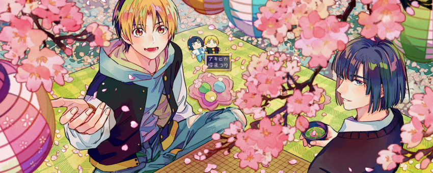 2boys belt bishounen black_hair black_jacket blonde_hair blue_eyes blue_pants blunt_bangs blunt_ends board_game brown_eyes brown_hair brown_sweater buttons character_doll cherry_blossoms choko_(cup) collared_shirt crossed_legs cup denim doll falling_petals fingernails flower full_body go_(board_game) green_tea hair_between_eyes hikaru_no_go holding holding_cup hood hood_down hoodie hun_(endlesslovehikaru) jacket jeans lantern looking_at_viewer lower_teeth_only male_focus multicolored_hair multiple_boys open_clothes open_jacket open_mouth outdoors outstretched_hand pants paper_lantern parted_bangs parted_lips petals picnic_blanket pink_flower shindou_hikaru shirt sitting sleeveless sleeveless_jacket smile sweater tea teeth torn_clothes torn_jeans torn_pants touya_akira two-tone_hair upper_body white_hoodie white_shirt yellow_belt