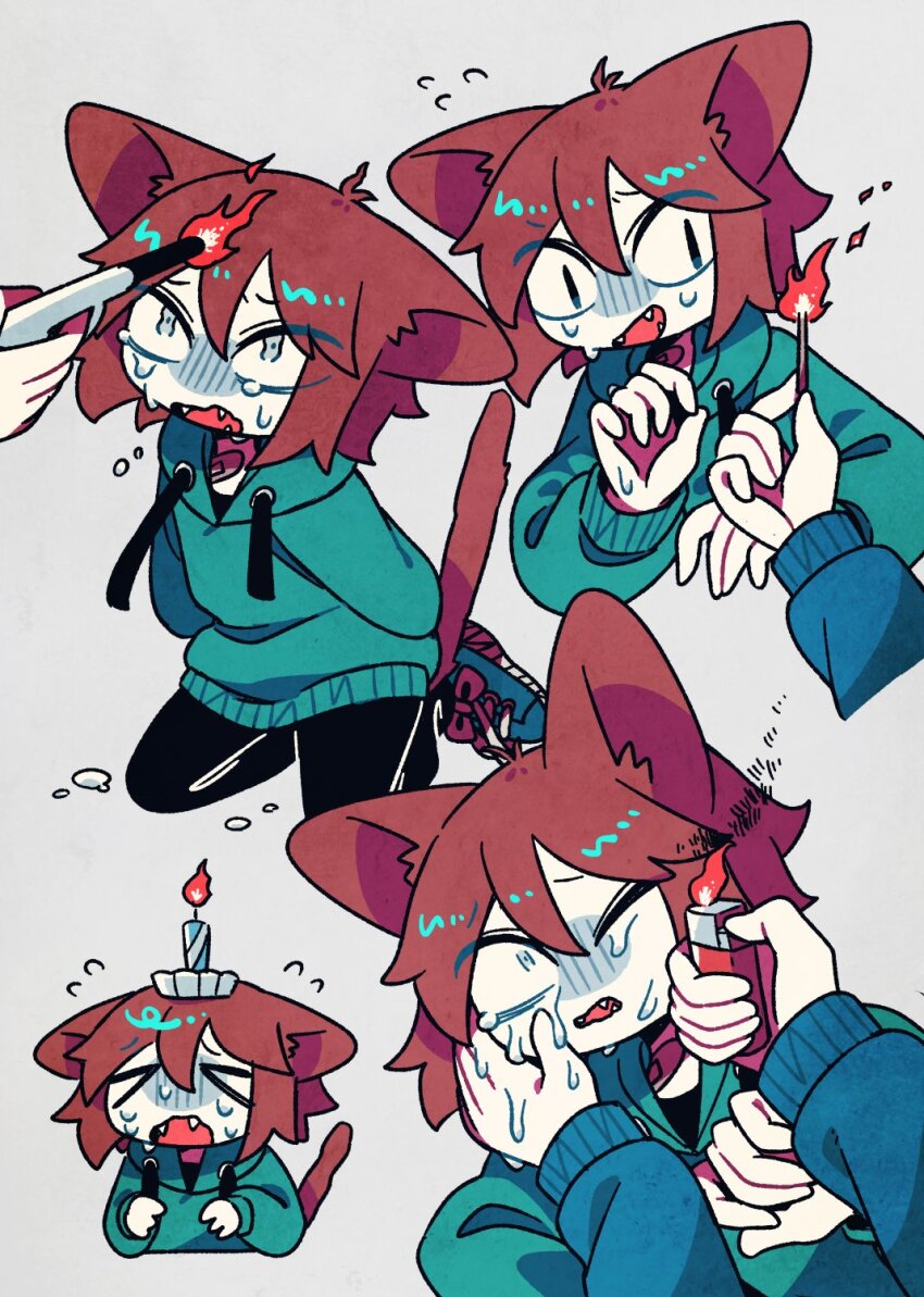 &gt;_&lt; 2boys animal_ears bandaid bandaid_on_neck black_pants brown_hair bullying burning burnt_hair candle cat_boy cat_ears cat_tail commentary cropped_torso crying crying_with_eyes_open fangs fire flying_sweatdrops green_hoodie grey_eyes highres holding holding_lighter holding_matchstick hood hood_down hoodie kneeling lighter long_sleeves matakichi_(yaigi) matasuke_(yaigi) multiple_boys multiple_views nervous_smile one_eye_closed open_mouth original out_of_frame pants scared shoes simple_background single_flame smile sneakers symbol-only_commentary tail tears torture turn_pale wand_lighter wide-eyed yaigi
