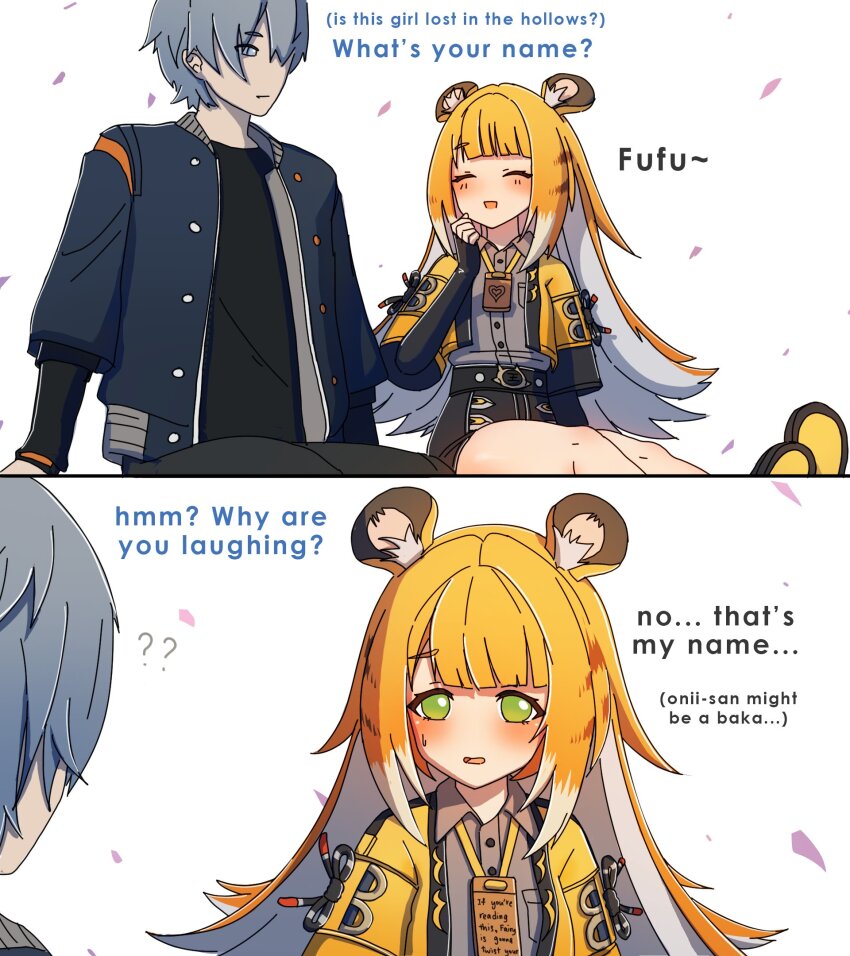 1boy 1girl animal_ears black_shirt blonde_hair blue_jacket blush confused dorahdew english_text green_eyes grey_hair grey_shirt highres jacket ju_fufu long_hair multiple_girls open_mouth shirt shorts smile tiger_ears tiger_girl white_hair wise_(zenless_zone_zero) yellow_jacket zenless_zone_zero