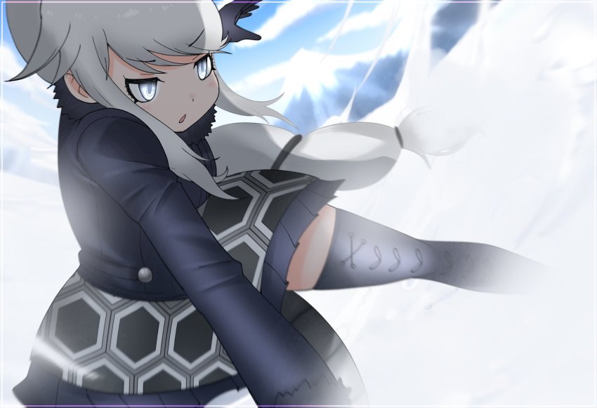 cats_yone genbu_(kemono_friends) grey_eyes highres kemono_friends kemono_friends_3 long_hair open_mouth shirt silver_hair skirt