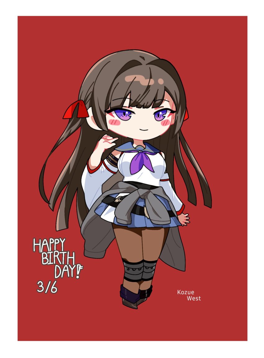 1girl arm_at_side arm_belt assault_lily belt black_belt black_shirt blue_sailor_collar blue_skirt blunt_bangs blunt_ends blush boots border breasts brown_boots brown_hair brown_pantyhose character_name chibi closed_mouth clothes_around_waist commentary crop_top detached_sleeves full_body hair_intakes hair_ribbon hand_up happy_birthday highres knee_pads kozue_west long_hair long_sleeves looking_at_viewer medium_breasts miniskirt neckerchief odaiba_girls_high_school_uniform pantyhose pleated_skirt purple_eyes purple_neckerchief red_background red_ribbon ribbon sailor_collar school_uniform serafuku shirt simple_background skirt sleeveless sleeveless_shirt smile solo standing undershirt very_long_hair white_border yui_(yui1115_)