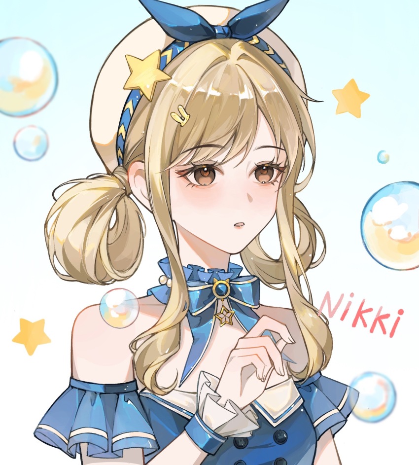 1girl bare_shoulders bead_choker beads beret blonde_hair blue_background blue_bow blue_bowtie blue_brooch blue_choker blue_dress blue_sleeves blue_wrist_cuffs bow bow_choker bowtie brown_eyes brown_pupils bubble bubbly_voyage_(infinity_nikki) buttons chinese_commentary choker collared_dress colored_eyelashes commentary_request copyright_name detached_sleeves dress expressionless fingernails frilled_choker frilled_sleeves frilled_wrist_cuffs frills gradient_background hair_ornament hair_rings hairclip hat hat_bow hat_ornament highres hui_mouren infinity_nikki light_blush light_particles lipstick looking_ahead makeup nikki_(series) outstretched_hand parted_lips pink_lips rabbit_hair_ornament short_hair_with_long_locks short_sleeves sidelocks solo star_(symbol) star_choker star_hat_ornament strapless strapless_dress swept_bangs upper_body wavy_hair white_background white_hat wrist_cuffs