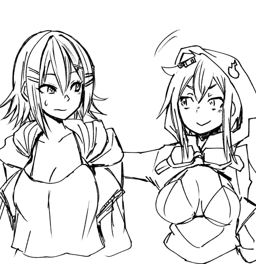 2girls akeikou bikini bikini_top_only breasts digimon goggles goggles_around_neck highres hood hoodie medium_breasts multiple_girls shinomiya_rina swimsuit yuuki_(digimon)