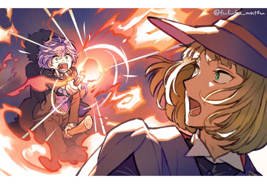 2boys blonde_hair blue_eyes broom broom_riding commentary_request epel_felmier fire fireball funuyu green_eyes hat highres looking_at_another male_focus multiple_boys night_raven_college_uniform purple_hair purple_vest rook_hunt school_uniform short_hair twisted_wonderland vest wand