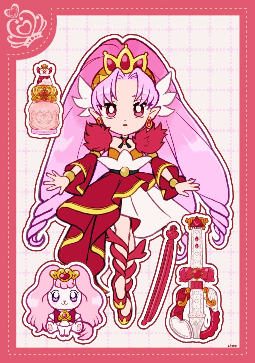 1girl akagi_towa black_ribbon border bottle bow_(music) bracelet bright_pupils cure_scarlet deformed detached_sleeves dot_nose dotted_line dress drill_hair earrings expressionless full_body fur_sleeves go!_princess_precure gold_bracelet gold_tiara grey_background grid_background hair_ornament highres instrument jewelry layered_dress leg_ribbon long_dress long_hair long_sleeves looking_at_viewer magical_girl medium_dress neck_ribbon outline parted_bangs parted_lips perfume_bottle pink_eyes pink_hair pleated_dress pleated_sleeves pointy_ears precure puff_(go!_princess_precure) red_border red_brooch red_dress red_ribbon red_shoes red_sleeves ribbon shoes short_sleeves signature standing straight-on tiara uwded_207 very_long_hair violin white_dress white_outline white_pupils wing_hair_ornament