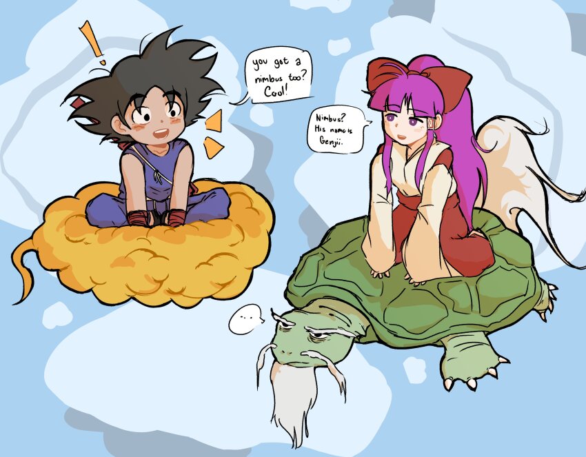 1boy 1girl absurdres black_eyes black_hair blue_background blue_pants blue_shirt blush bow commentary cyanidegray dragon_ball dragon_ball_(classic) english_commentary english_text flying_nimbus full_body genjii_(touhou) hair_bow hakurei_reimu hakurei_reimu_(pc-98) highres japanese_clothes kimono long_hair looking_at_another miko open_mouth pants purple_eyes purple_hair red_bow red_skirt shirt short_hair skirt smile son_goku spiked_hair touhou touhou_(pc-98) turtle white_kimono
