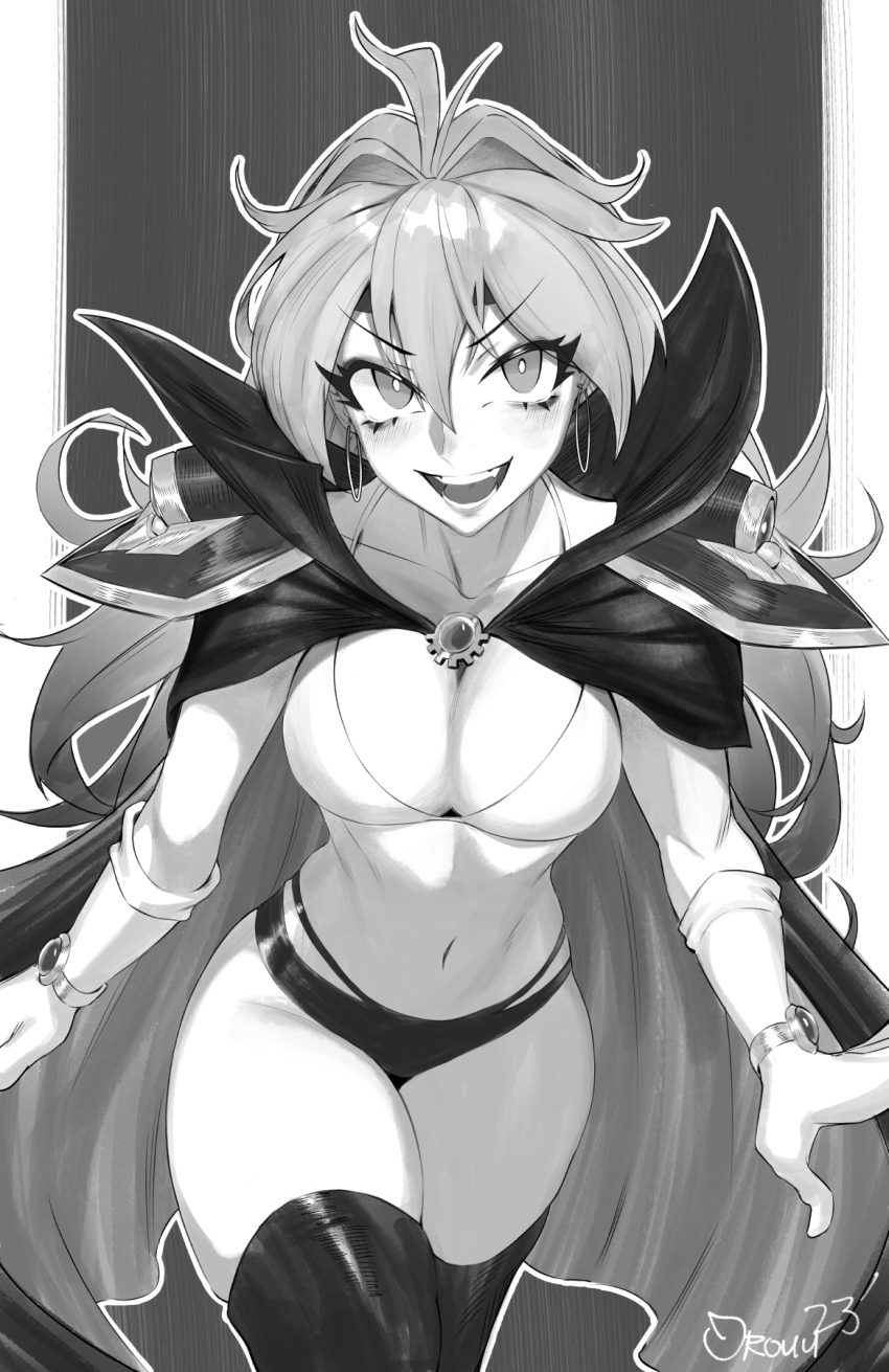 1girl alternate_costume armor bikini blush boots bracelet breasts brooch cape cleavage earrings gloves greyscale hair_intakes high_collar highres hoop_earrings jewelry lina_inverse long_hair medium_breasts monochrome open_mouth orouu outline pauldrons shoulder_armor skindentation slayers solo swimsuit teeth thigh_boots very_long_hair white_outline