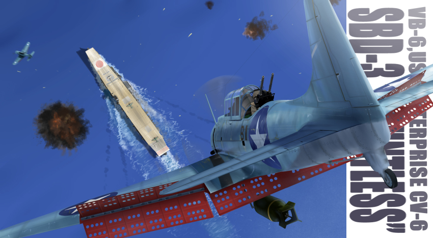 2boys aircraft aircraft_carrier airplane akagi_(aircraft_carrier) battle bomber day dive_bomber english_text gun highres imperial_japanese_navy machine_gun military military_vehicle mo_yu_de_jiaozi multiple_boys naval_battle ocean outdoors propeller propeller_fighter real_life sbd_dauntless ship united_states_navy vehicle_focus warship watercraft weapon world_war_ii