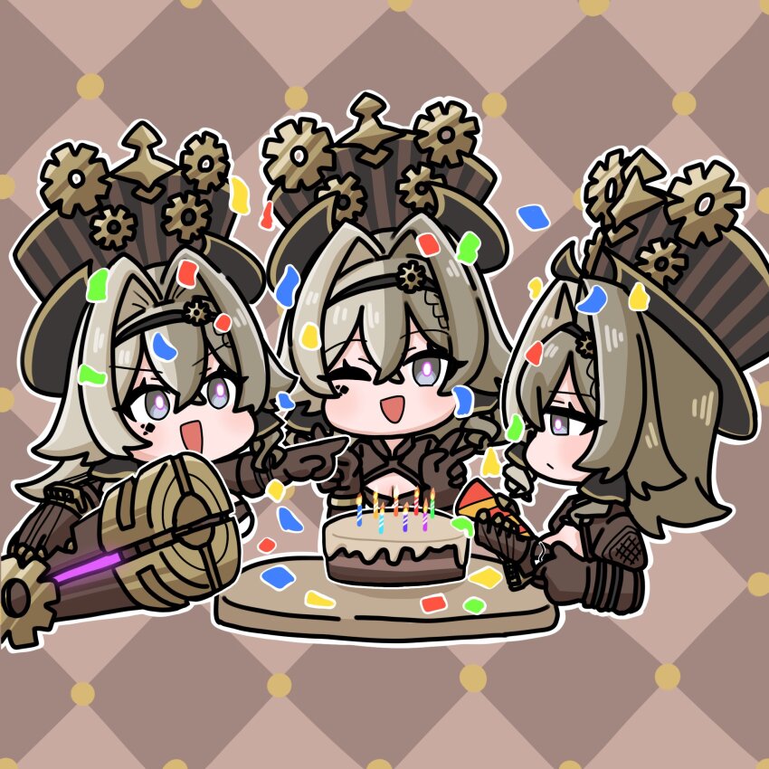3girls breasts brown_gloves brown_hair brown_sleeves checkered_background cleavage clockwork gear_hair_ornament gloves hair_intakes hat highres honkai_(series) honkai_impact_3rd long_hair mokkyo_(motkyo) multiple_girls open_mouth pink_pupils smile steampunk top_hat vill-v