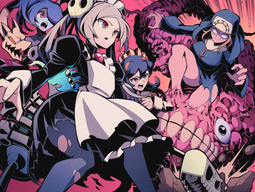 4girls apron blank_eyes blonde_hair bloody_marie_(skullgirls) blue_hair blue_skin breasts brooch colored_skin cowboy_shot cross cross_necklace detached_collar double_(skullgirls) dress extra_eyes extra_mouth fighting filia_(skullgirls) frilled_apron frilled_dress frills grey_hair hair_ornament highres jewelry juliet_sleeves large_breasts long_hair long_sleeves maid_headdress monster monster_girl multiple_girls necklace nun open_mouth orange_background panties pantyhose pechamaju puffy_sleeves red_eyes skull_hair_ornament skullgirls smile squigly_(skullgirls) stitched_mouth stitches thick_thighs thighs torn_clothes torn_pantyhose twintails underwear upper_body upskirt vacuum_cleaner zombie