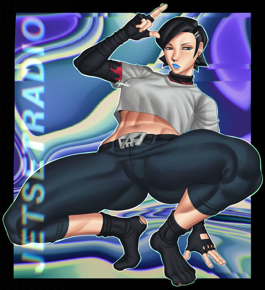 1girl abs belt black_hair blue_lipstick_tube cube_(jsr) denim gloves hair_ornament hairclip highres jeans jet_grind_radio jet_set_radio legs_apart lipstick long_sleeves makeup crop_top nyoolie pants sega shirt skull_belt socks