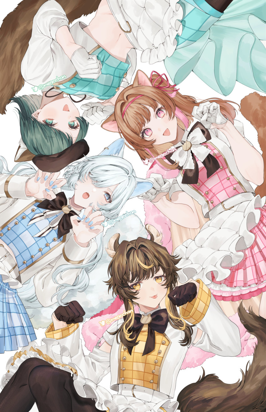 4girls animal_ears aqua_hair belt_buckle beret black_bow black_bowtie black_legwear blonde_hair blue_dress blue_eyes blue_nails bow bowtie brown_gloves brown_hair brown_headwear buckle claw_pose closed_mouth commentary_request dog_ears dog_girl dog_tail dress gloves hair_intakes hair_over_one_eye hair_ribbon hat highres long_hair long_sleeves looking_at_viewer lying mege_(megechan) midriff multicolored_hair multiple_girls nail_polish on_back one_eye_covered open_mouth original pantyhose pink_dress pink_eyes pink_hair pink_ribbon pink_skirt plaid_clothes plaid_dress plaid_skirt pleated_skirt ribbon short_sleeves simple_background skirt smile streaked_hair tail tongue tongue_out white_background white_dress white_gloves white_hair yellow_dress yellow_eyes