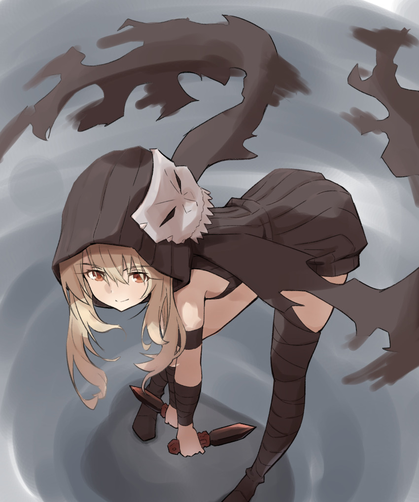 1girl absurdres bandages bent_over black_footwear blonde_hair choppy_bangs fate/kaleid_liner_prisma_illya fate_(series) hassan_of_the_cursed_arm_(fate) highres holding holding_knife holding_weapon hood hore_(user_frns7872) illyasviel_von_einzbern illyasviel_von_einzbern_(assassin_install) knife mask orange_eyes skull skull_mask solo thighs type-moon weapon