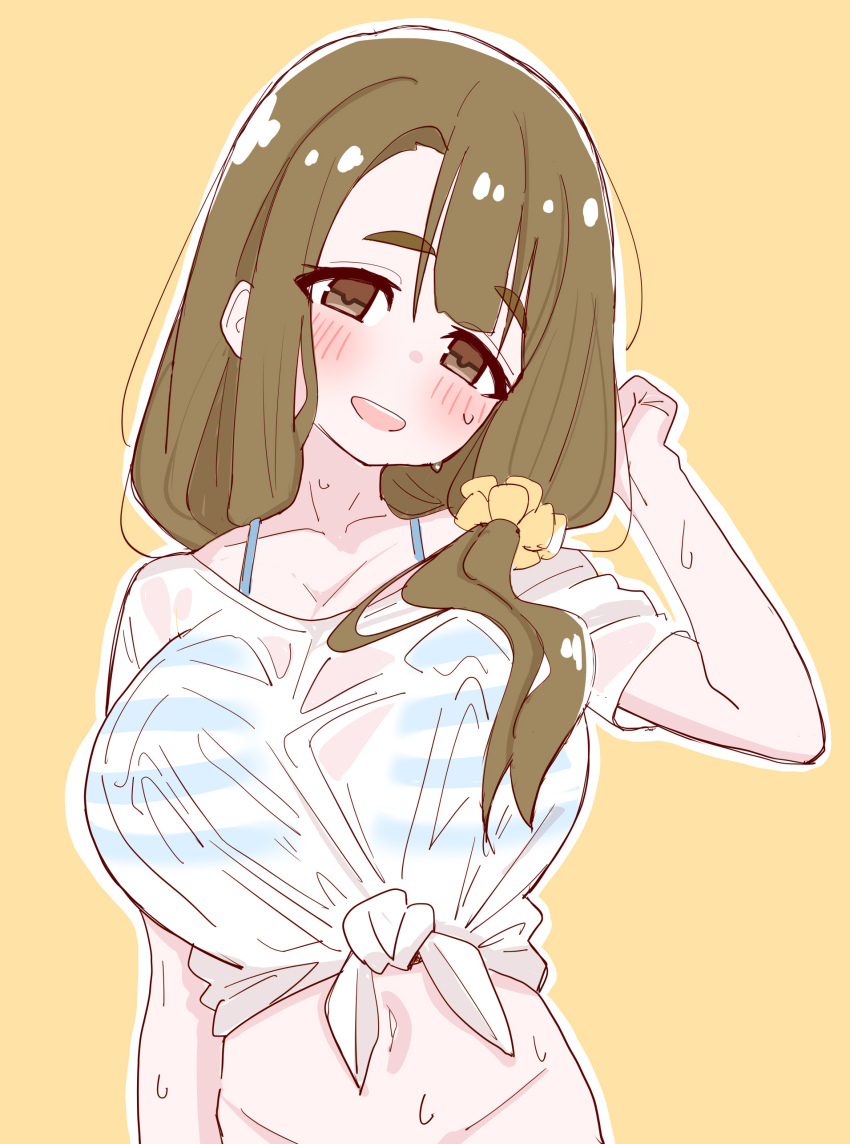 1girl absurdres blue_bra blush bra breasts brown_eyes brown_hair cleavage collar collarbone front-tie_top groin hand_up head_tilt highres idolmaster idolmaster_million_live! large_breasts long_hair miyao_miya navel outline see-through_clothes see-through_shirt shirt simple_background solo spacecrab stomach striped_bra striped_clothes sweat underwear vertical-striped_bra vertical-striped_clothes white_bra white_outline white_shirt yellow_background