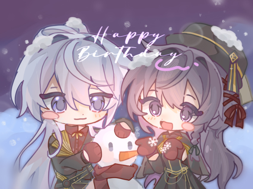 2boys belt black_belt black_capelet black_coat black_dress black_hair black_ribbon black_shirt blue_eyes blush_stickers braid building_snowman buttons cael_anselm capelet catching chibi closed_mouth coat collared_shirt cowboy_shot crossed_belts dot_nose dress english_text eyelashes grey_hair hair_between_eyes hair_intakes hair_ribbon happy_birthday hat hat_ribbon heroine_(lovebrush_chronicles) high_collar light_blush long_dress long_hair long_sleeves loose_hair_strand lovebrush_chronicles mittens multiple_boys night night_sky open_mouth outdoors pleated_dress purple_eyes qianwa_shi_biao red_mittens red_ribbon ribbon shirt single_blush_sticker single_braid sky smile snow snow_on_head snow_on_headwear snowflakes striped_ribbon studded_belt swept_bangs tress_ribbon very_long_hair winter