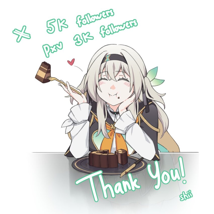 1girl black_hairband black_jacket black_ribbon blush closed_eyes eating english_text firefly_(honkai:_star_rail) fork frilled_sleeves frills full_mouth grey_hair hair_between_eyes hair_intakes hair_ornament hair_ribbon hairband hand_on_own_chin heart highres holding holding_fork honkai:_star_rail honkai_(series) jacket knife long_sleeves necktie oak_cake_roll_(honkai:_star_rail) orange_necktie plate ribbon shi_(shi4557) short_twintails simple_background solo thank_you twintails twitter_username twitter_x_logo white_background white_sleeves