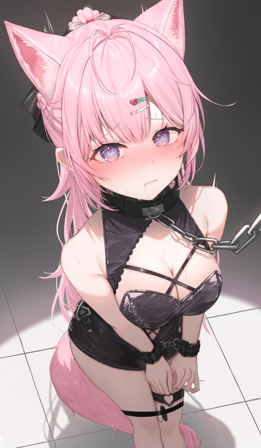 1girl absurdres animal_ears antenna_hair bare_shoulders black_collar black_dress black_ribbon black_wrist_cuffs blue_eyes blush bound bound_legs bound_wrists braid breasts chain cleavage collar dress drooling extra_ears fingernails gradient_eyes hair_ornament hair_ribbon hairclip hakui_koyori hakui_koyori_(dark_maid) heart heart_hair_ornament heart_o-ring high_ponytail highres hololive koyokurosuki large_breasts long_hair looking_at_viewer multicolored_eyes nail_polish o-ring o-ring_thigh_strap parted_lips pink_hair pink_lips pink_nails ponytail purple_eyes pussy_juice remote_control_vibrator ribbon sex_toy solo sweat tail tears thigh_strap thighs tile_floor tiles vibrator virtual_youtuber wolf_ears wolf_girl wolf_tail wrist_cuffs