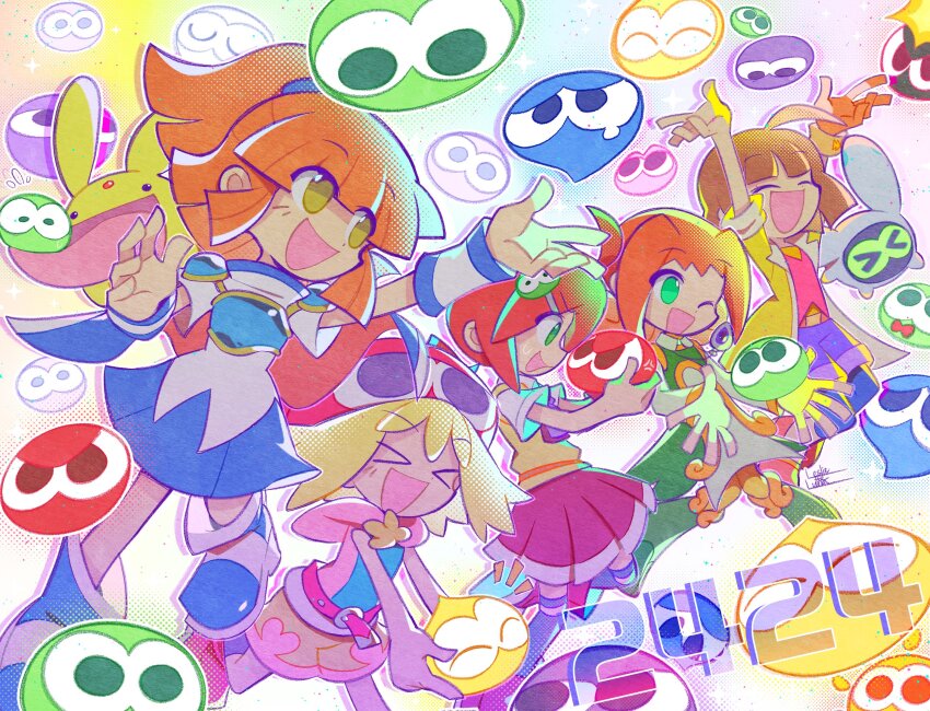&gt;_&lt; 2024 5girls :d ahoge amitie_(puyopuyo) andou_ringo arle_nadja blonde_hair brown_hair carbuncle_(puyopuyo) character_request closed_eyes drill_hair green_eyes highres leslietheluna long_hair madou_monogatari multiple_girls open_mouth ponytail puyo_(puyopuyo) puyopuyo puyopuyo_20th_anniversary puyopuyo_7 puyopuyo_chronicle puyopuyo_fever puyopuyo_quest red_skirt short_hair short_ponytail skirt smile twin_drills xd yellow_eyes