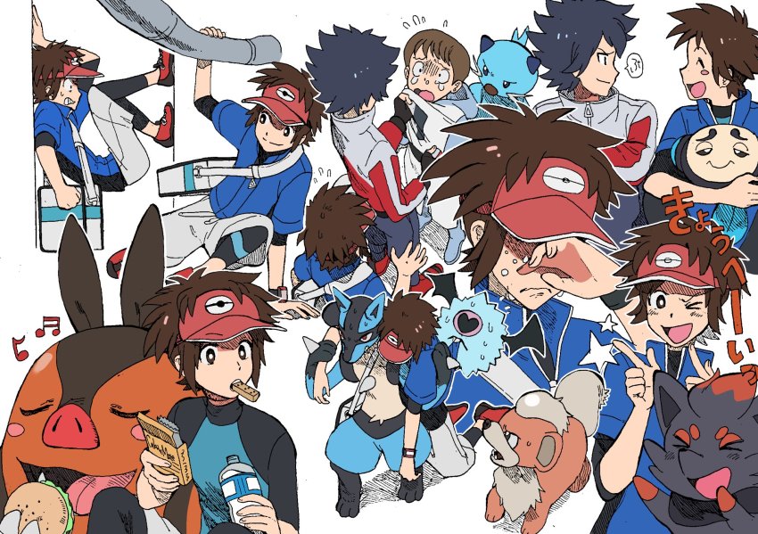 3boys blush_stickers bottle brown_hair burger caloriemate crying dewott flying_sweatdrops food gen_1_pokemon gen_4_pokemon gen_5_pokemon growlithe highres hugh_(pokemon) jacket looking_at_another lucario male_focus multiple_boys multiple_views nashubi_(to_infinity_wow) nate_(pokemon) nintendo one_eye_closed pignite pokemon pokemon_(creature) pokemon_bw2 star_(symbol) sweat team_plasma team_plasma_grunt team_plasma_uniform tympole visor_cap water_bottle woobat xtransceiver zorua
