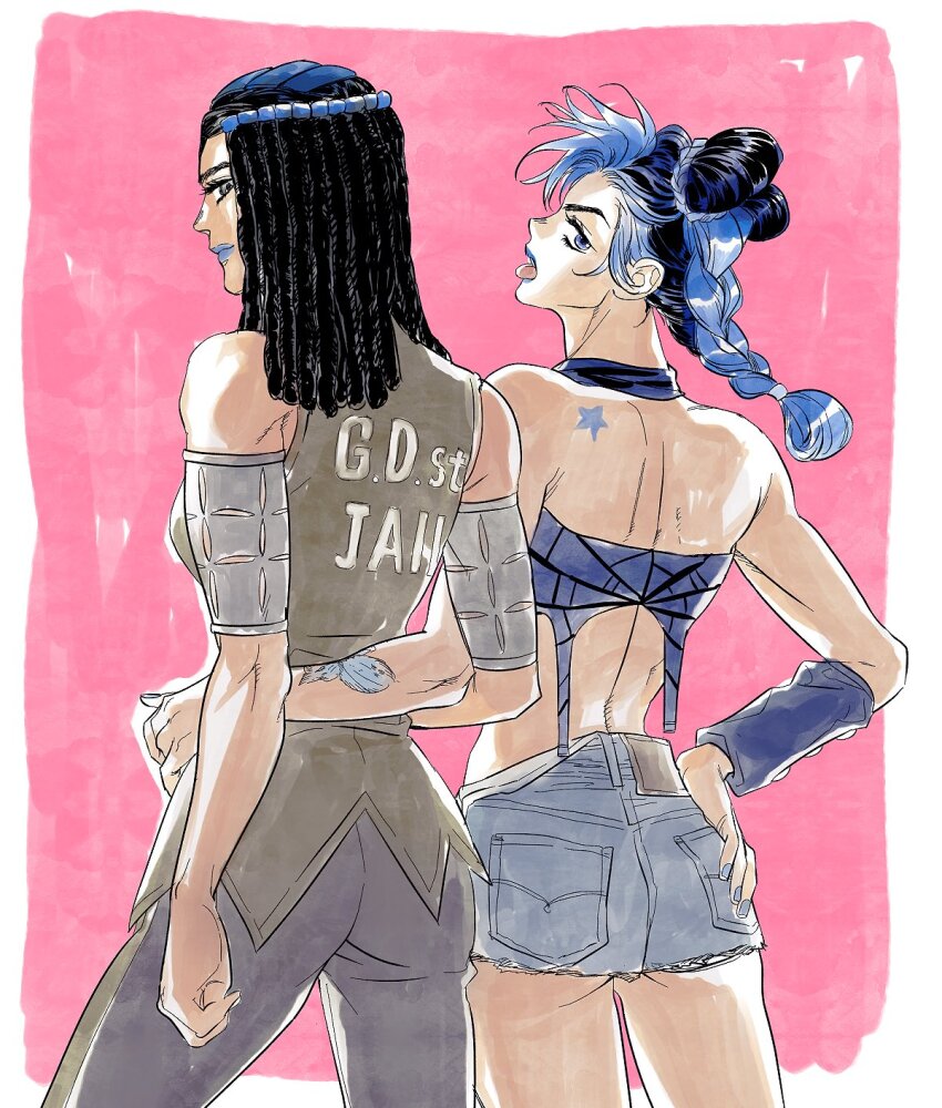 2girls arm_around_waist arm_tattoo armband ass birthmark black_hair black_pants blue_eyes blue_hair blue_lips blue_skirt braid braided_ponytail breasts bun_with_braided_base commentary_request denim denim_shorts double_bun dreadlocks ermes_costello from_behind hair_bun halterneck hand_on_own_ass highres jeonjin_(mynamebazin) joestar_birthmark jojo_no_kimyou_na_bouken korean_commentary kuujou_jolyne looking_back medium_breasts microskirt multicolored_hair multiple_girls pants pink_background shorts skirt stone_ocean tattoo tongue tongue_out two-tone_hair