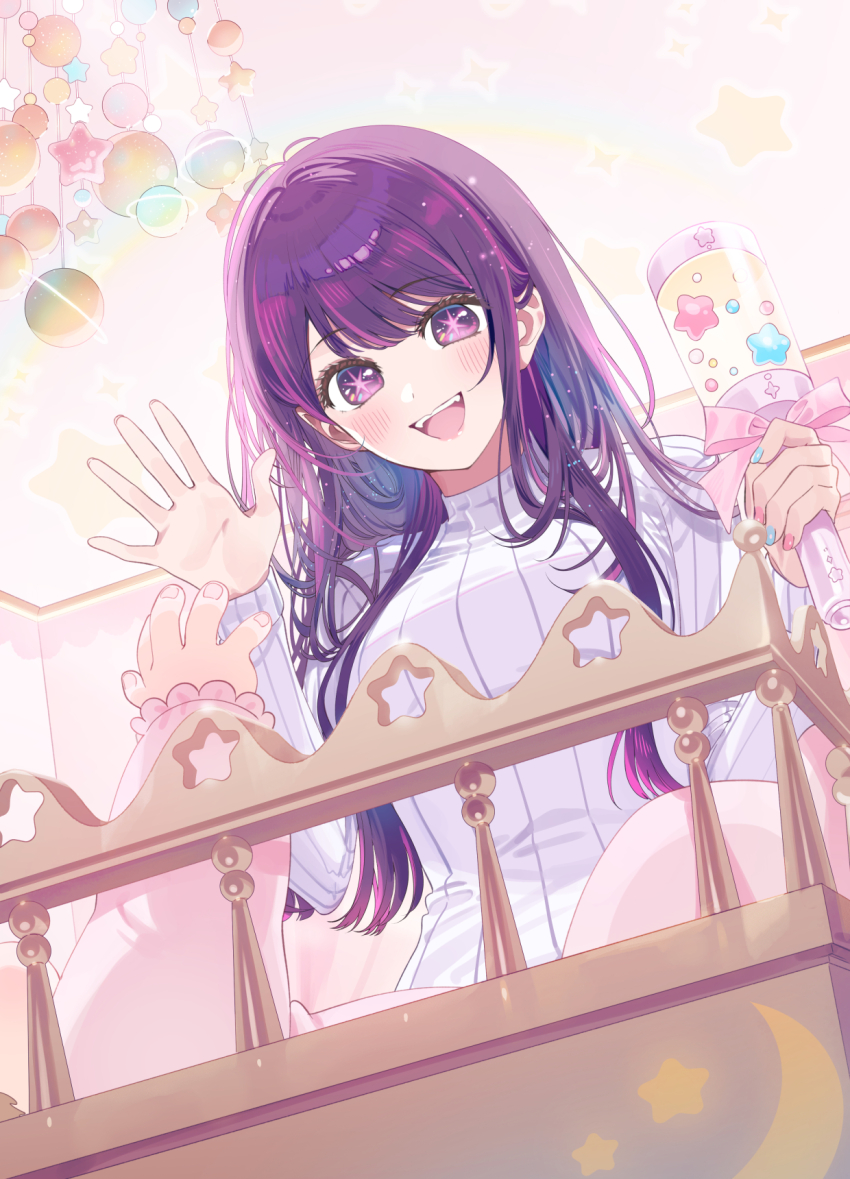 2girls a20_(atsumaru) baby blush commentary_request fangs highres hoshino_ai hoshino_ruby indoors long_hair mother_and_daughter multiple_girls open_mouth oshi_no_ko partial_commentary purple_eyes purple_hair star-shaped_pupils star_(symbol) sweater symbol-shaped_pupils teeth upper_teeth_only white_sweater