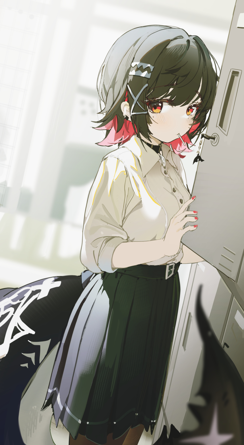 1girl absurdres belt belt_collar black_belt black_hair black_pantyhose black_skirt candy collar collared_shirt colored_inner_hair coria ellen_joe ellen_joe_(on_campus) fins fish_tail food food_in_mouth highres lollipop looking_at_viewer mole mole_under_eye multicolored_eyes multicolored_hair official_alternate_costume pantyhose red_hair school_uniform shark_girl shark_tail shirt shirt_tucked_in short_hair skirt sleeves_rolled_up solo standing tail white_shirt zenless_zone_zero