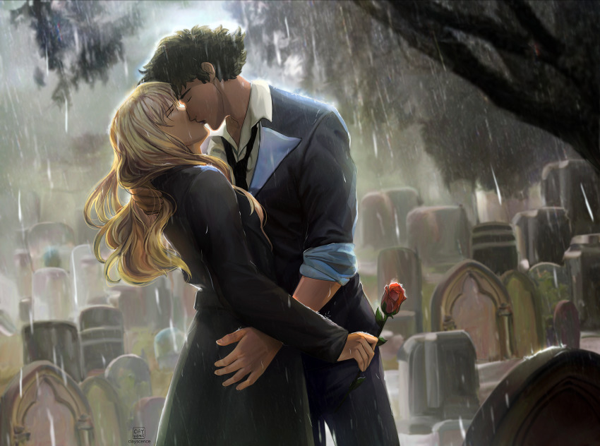 blonde_hair clayscence couple cowboy_bebop curly_hair flower graveyard green_hair highres julia_(cowboy_bebop) kiss outdoors rose spike_spiegel
