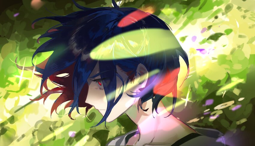 1boy blue_hair closed_mouth crew_neck diurtion eyelashes floating_hair frown gundam gundam_gquuuuuux highres looking_ahead male_focus parted_bangs profile red_eyes sanpaku shirt short_hair short_sideburns shuji_ito solo sparkle upper_body white_shirt