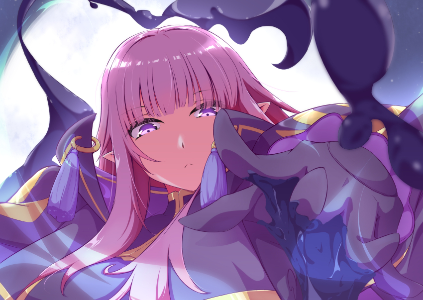 1girl absurdres aiming aiming_at_viewer alicetiruru black_gloves blunt_bangs bodysuit closed_mouth eta_(kage_no_jitsuryokusha_ni_naritakute!) gloves gold_trim highres kage_no_jitsuryokusha_ni_naritakute! long_hair looking_at_viewer pointy_ears purple_eyes purple_hair solo tagme