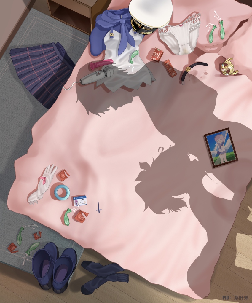 1boy 1girl absurdres azur_lane bed bent_over blue_eyes breasts chaye_mo commander_(azur_lane) completely_nude condom cum deepthroat fellatio hetero highres id_card indoors javelin_(azur_lane) medium_hair miniskirt nude oral panties photo_(object) plaid_clothes plaid_skirt ponytail purple_hair shadow shirt short_hair silhouette skirt small_breasts underwear unworn_panties unworn_shirt unworn_skirt used_condom white_panties white_shirt